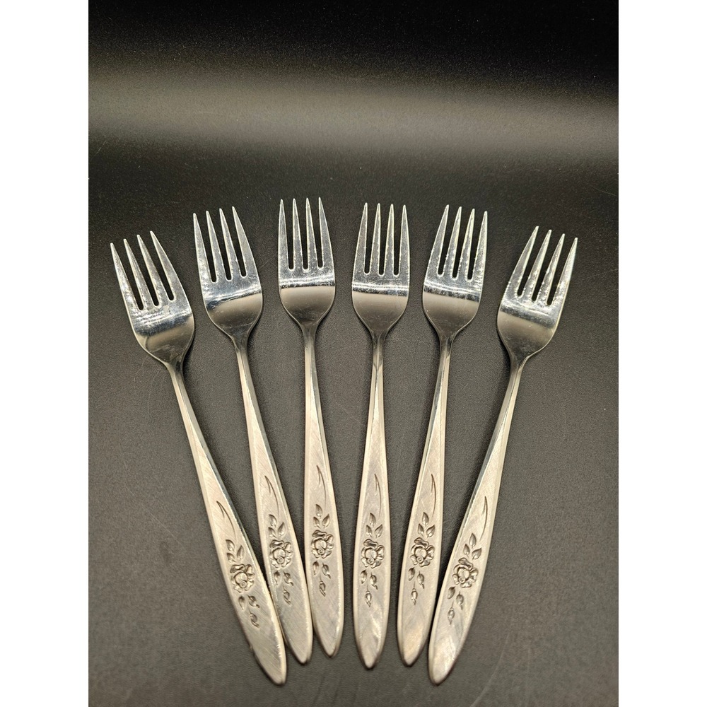 6 Community Stainless Morning Rose Salad Forks Vintage Floral Flatware Set Silve